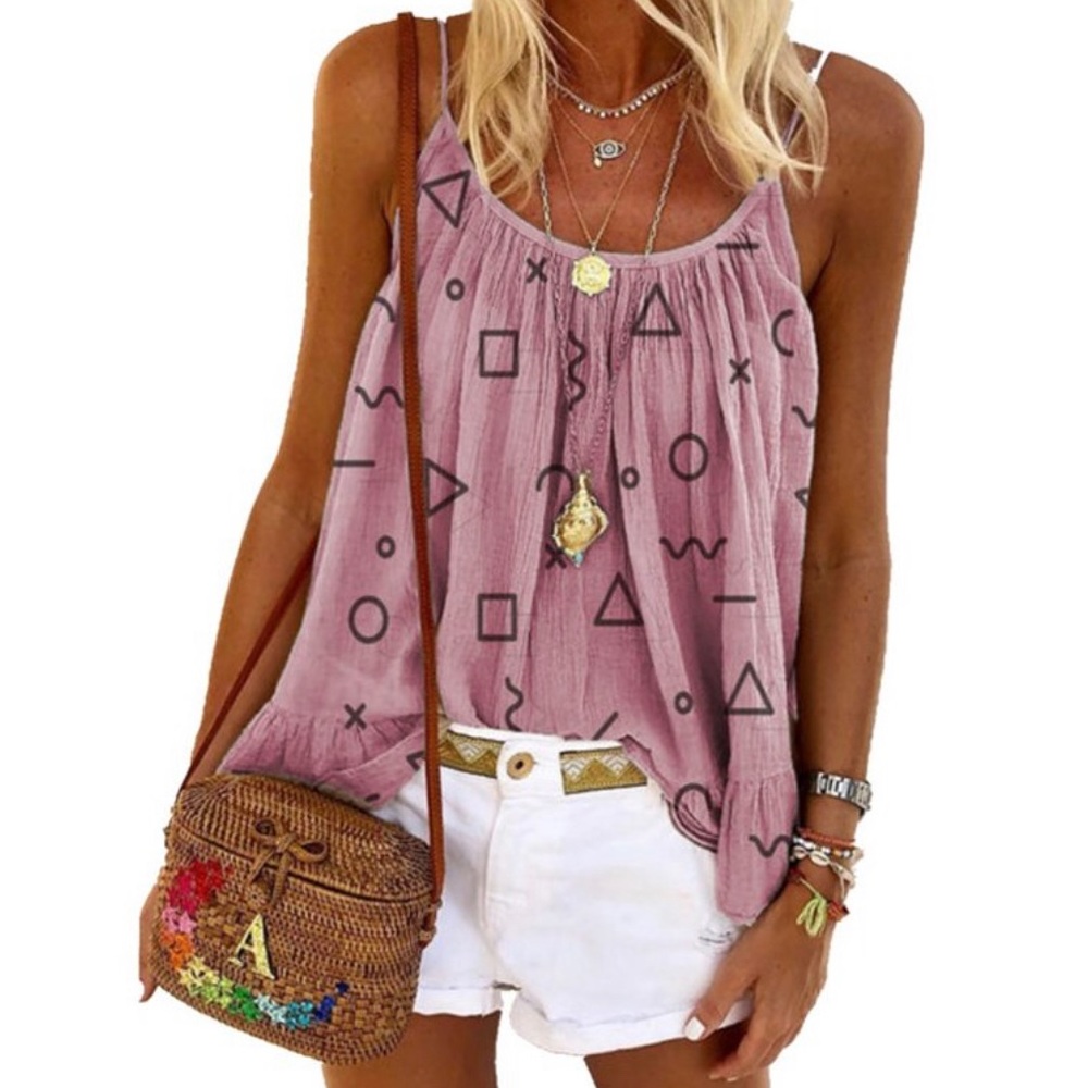 Boho pink geometric spaghetti strap sleeveless tank loose top Sz M